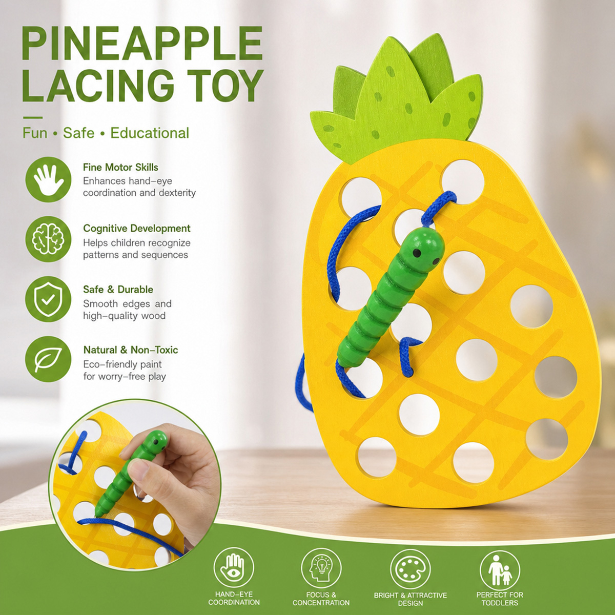 Baby Food Eat - Holz-Schnürspielzeug Ananas, Fädelspielzeug, Puzzle, Reisespielzeug, frühes